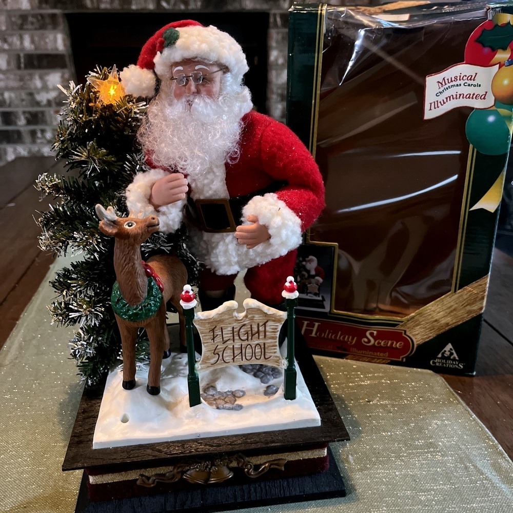 Holiday Creations 1993 Christmas Musical Santa & Reindeer Flight School With Box